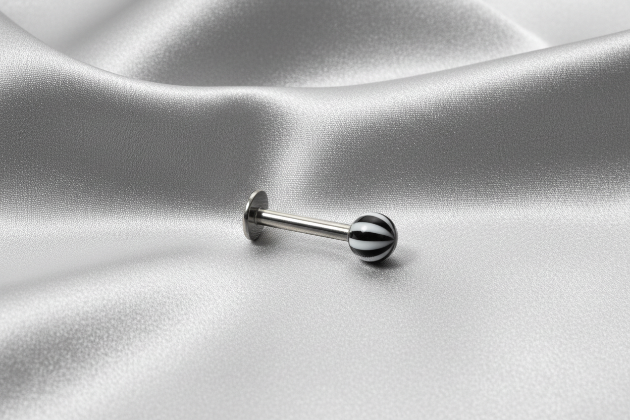 Black & White Striped Acrylic Labret Lip Ring in 316l stainless steel.