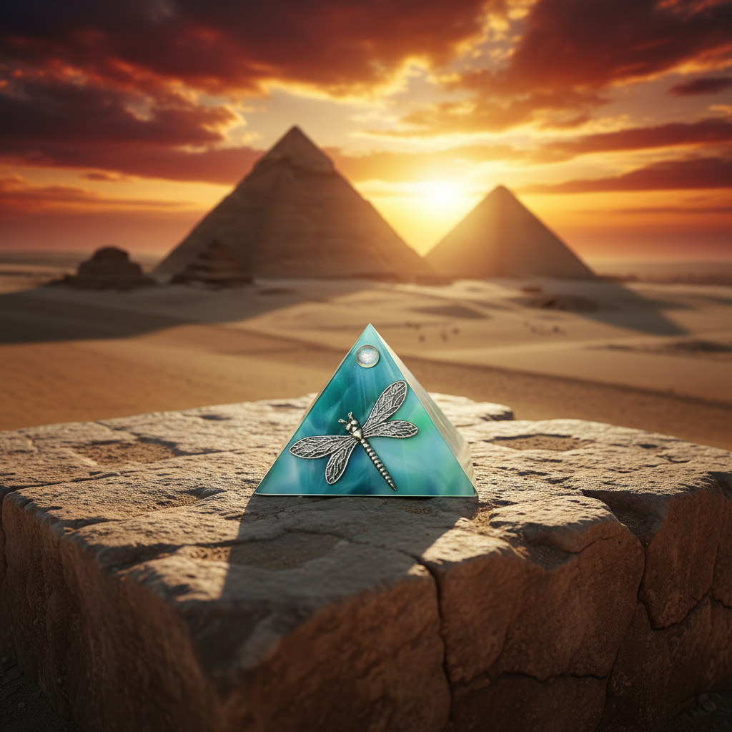 Green Dragonfly Mini Glass Pyramid Keepsake Box on a stone surface with Giza plateau in the background.