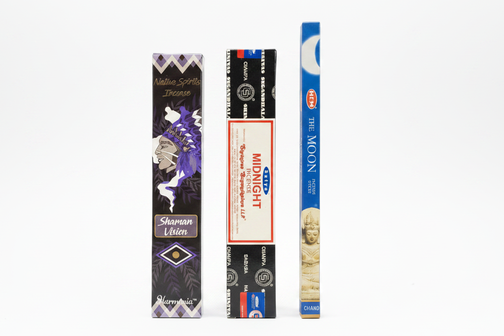 Native Spirits Shaman's Vision, Satya Midnight and Hem Moon incense on a white background. Free with purchase of Peaceful Alien Visitor Resin Incense Holder.