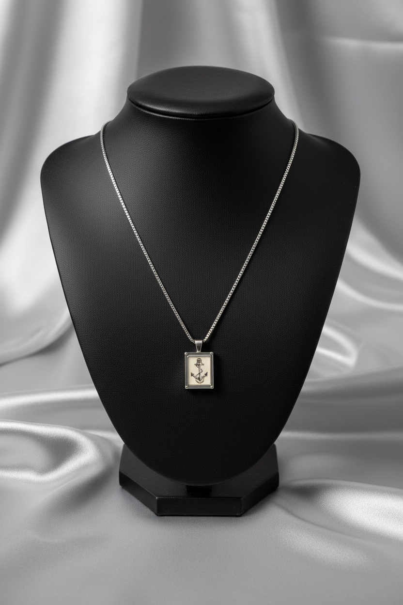 Vintage Anchor Steel Chain Necklace in 316l stainless steel on a black bust.