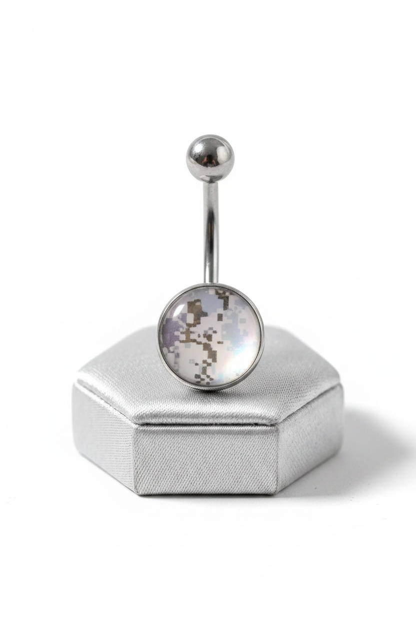 Blue Desert Camouflage Belly Button Ring in 316l stainless steel on a silver jewelry display upright position.