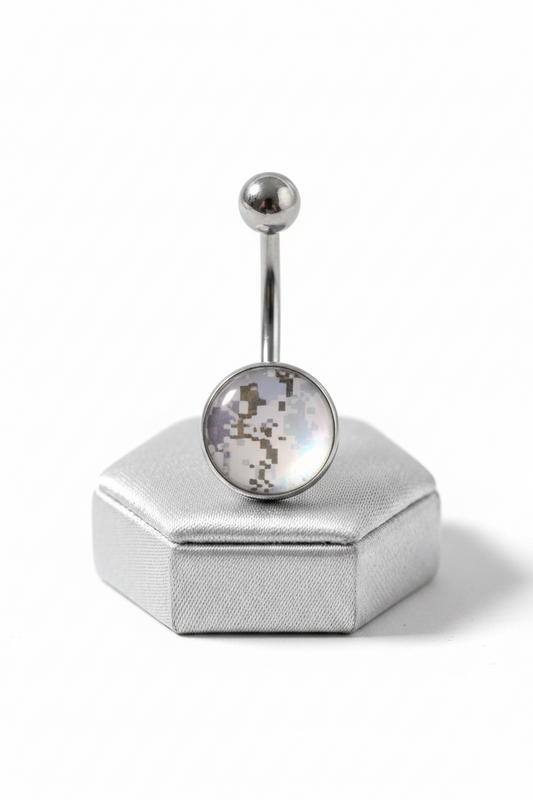 Blue Desert Camouflage Belly Button Ring in 316l stainless steel on a silver jewelry display upright position.
