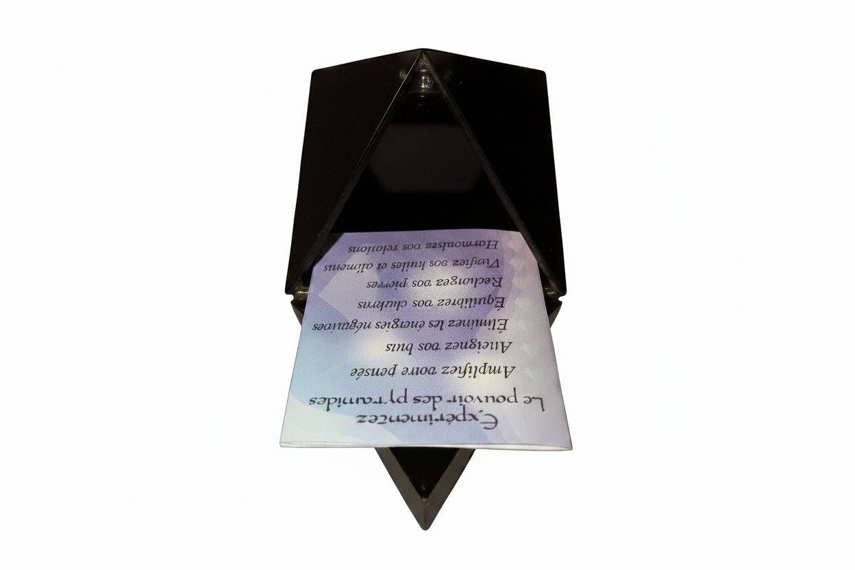 Solid black mini pyramid keepsake box open on a white background showing mirrored base interior.