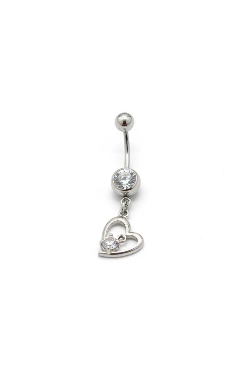 Clear Crystal Heart Belly Button Ring in 316l stainless steel close up detail.