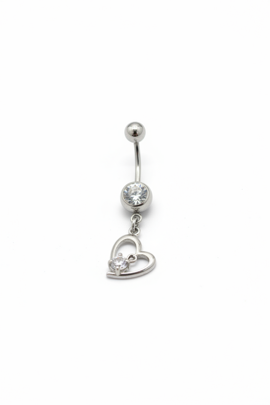 Clear Crystal Heart Belly Button Ring in 316l stainless steel close up detail.