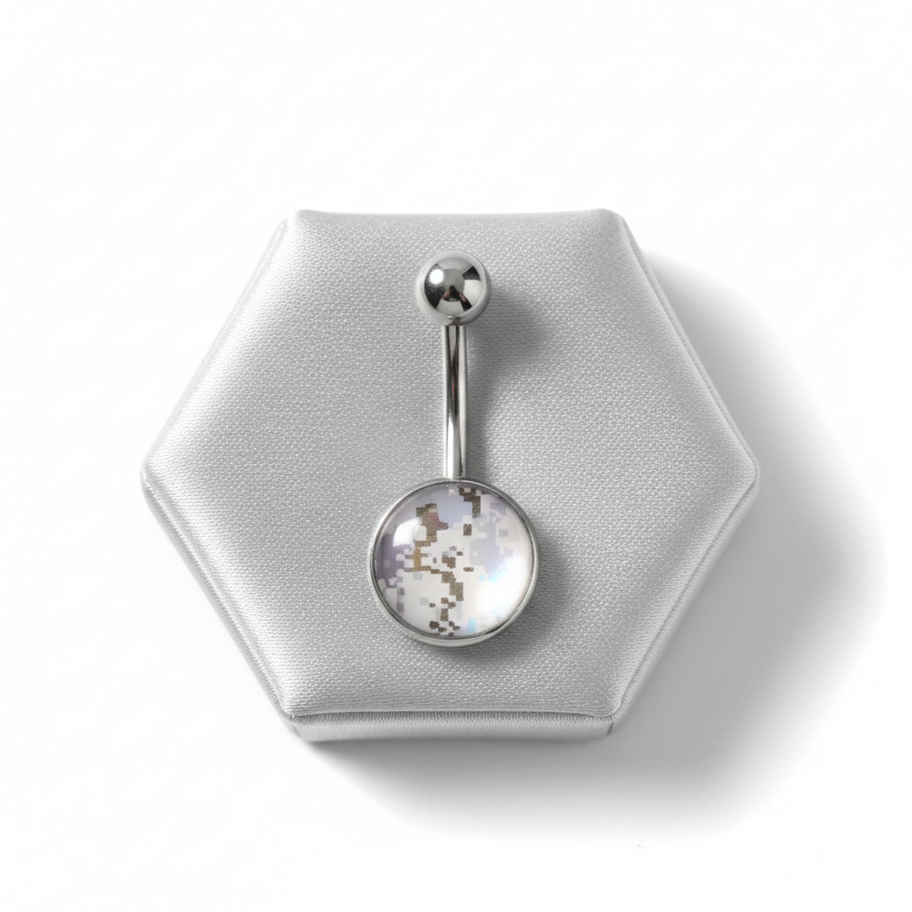 Blue Desert Camouflage Belly Button Ring in 316l stainless steel on a silver jewelry display.