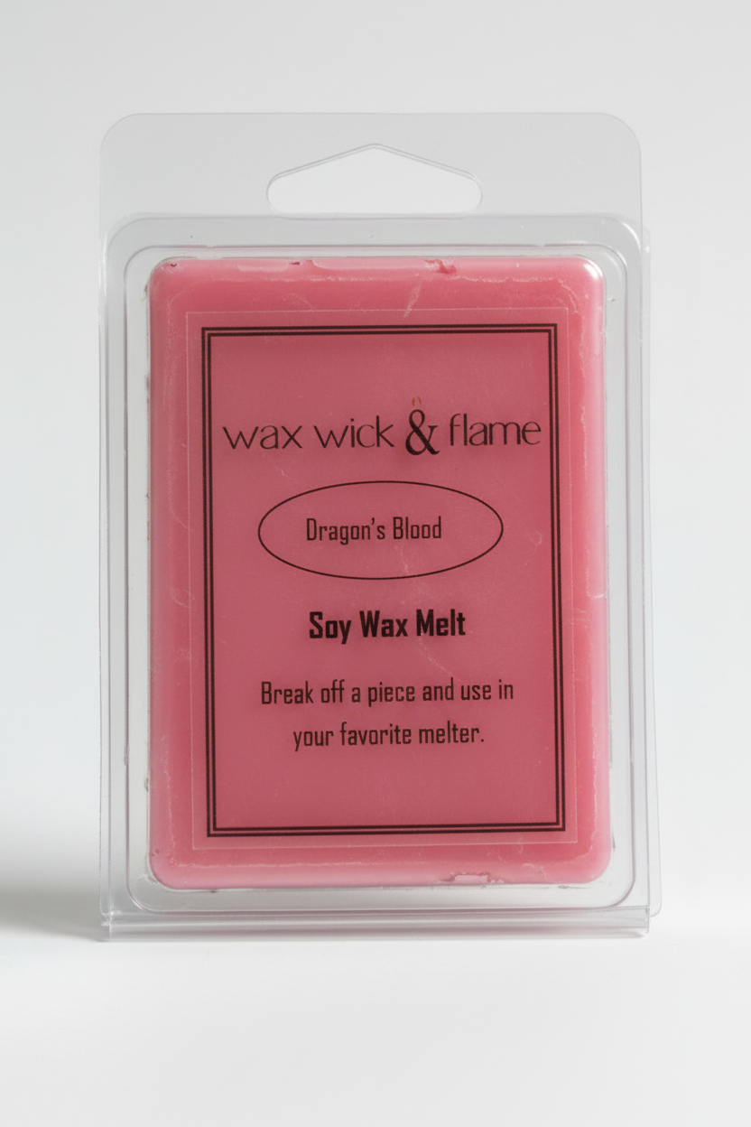 Dragon's Blood Organic Soy Scented Wax Melt on a white background showing label.