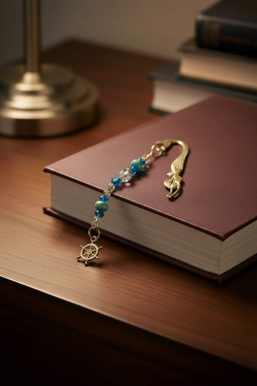 Ship Wheel Handmade Beaded Mermaid Pewter Bookmark - One of a Kind laying on a book on a bedside table showing glass beadwork.
