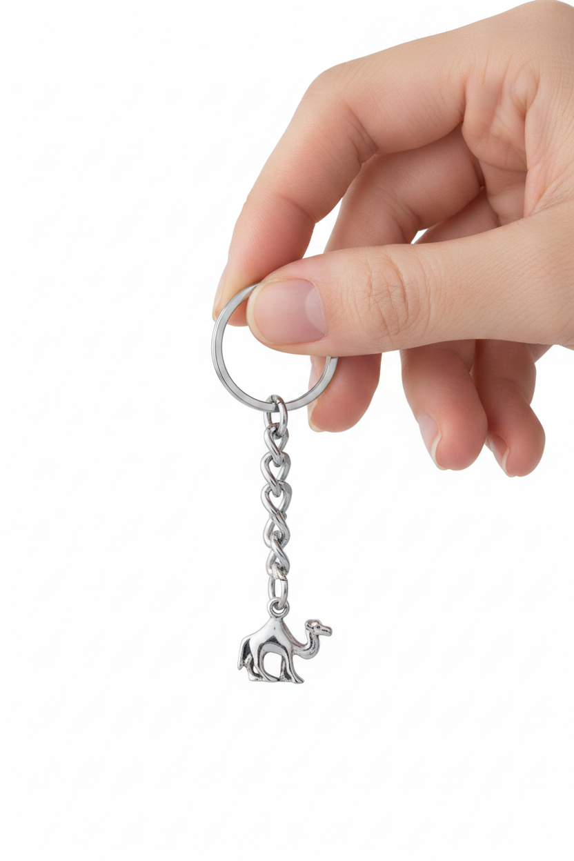 Desert Camel Handmade Pewter Charm Keychain held by  a hand showing scale.