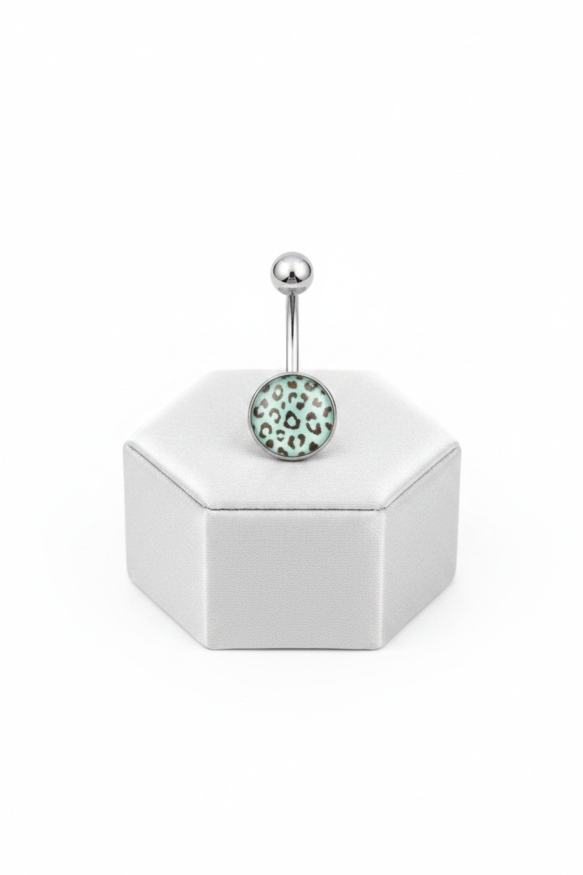 Blue Leopard Print Belly Button Ring in 316l stainless steel on a silver jewelry display upright position.
