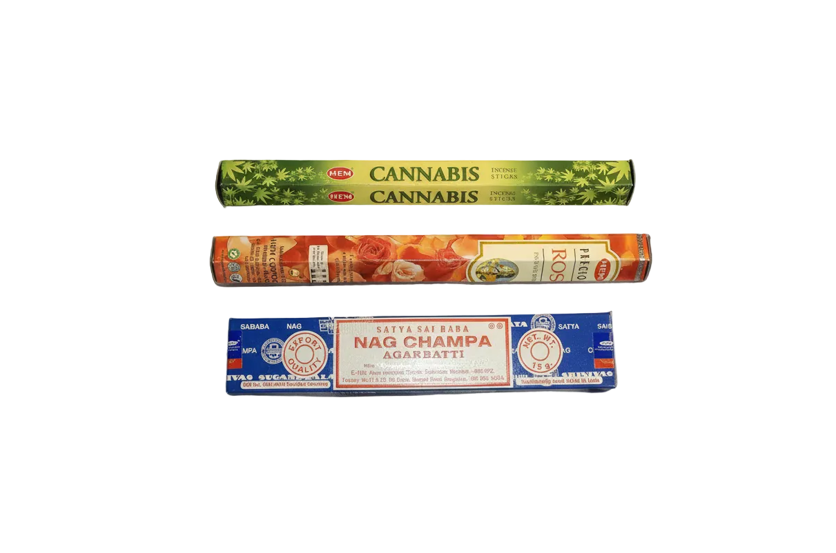 Satya Nag Champa, Hem Cannabis and Rose Incense in a white background. Free with purchase of Caterpillar with Hookah Resin Incense Holder - Free Incense.