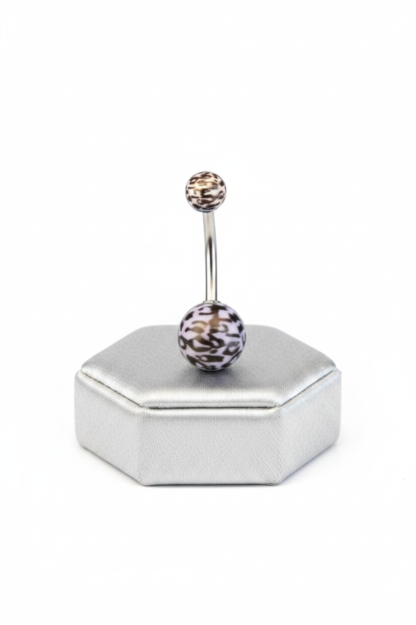Blue Leopard Print Acrylic Belly Button Ring in 316l stainless steel on a silver jewelry display.