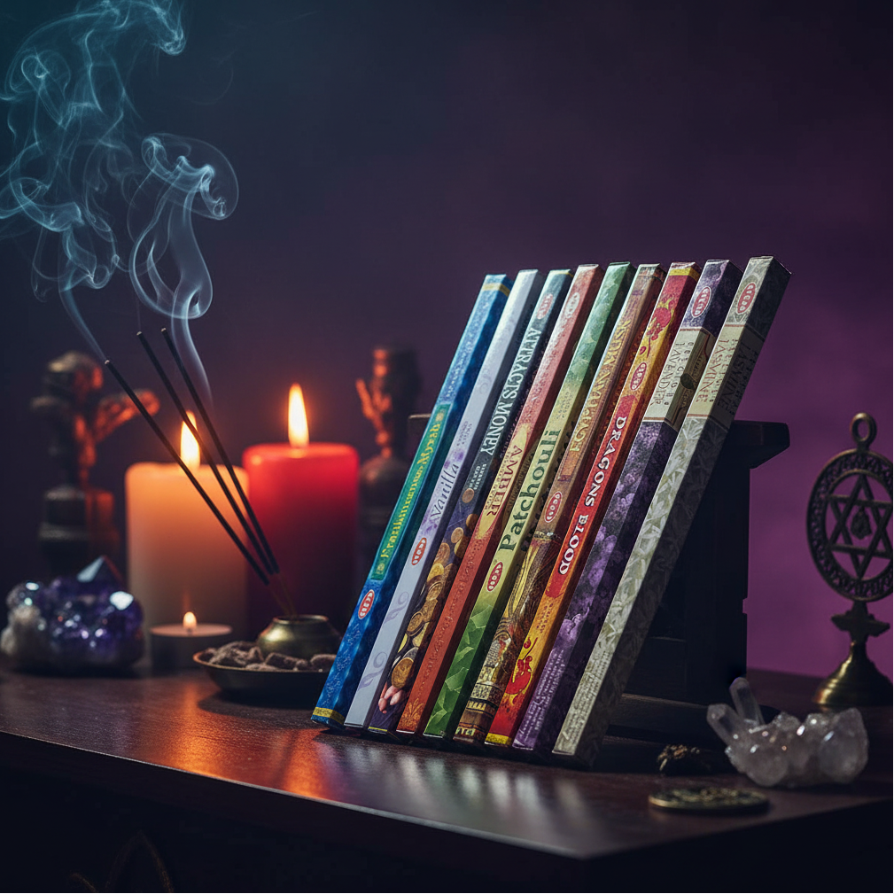 Wealthy Relaxation Incense Variety Gift Package burning in a mystic setting with smoke rising.