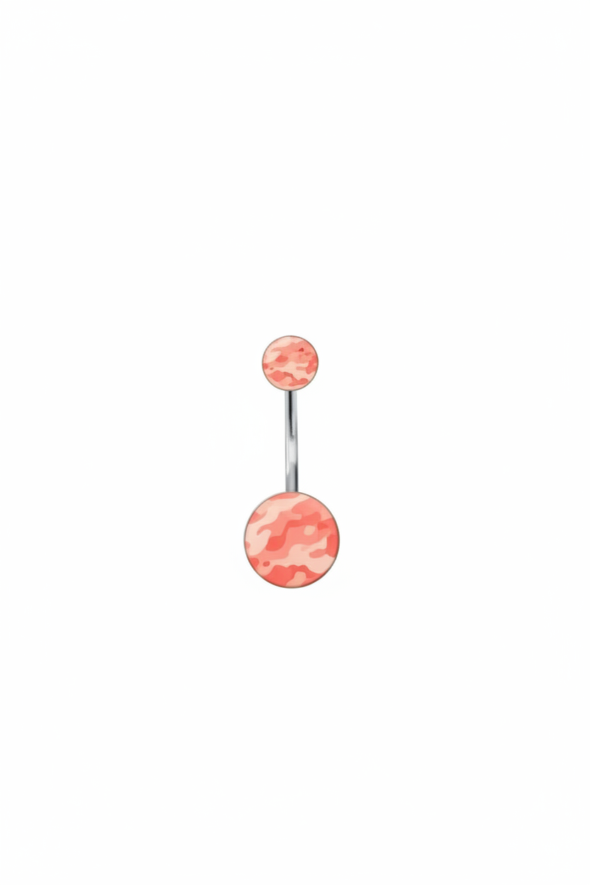 Pink Camouflage Acrylic Belly Button Ring in 316l stainless steel on a white background.