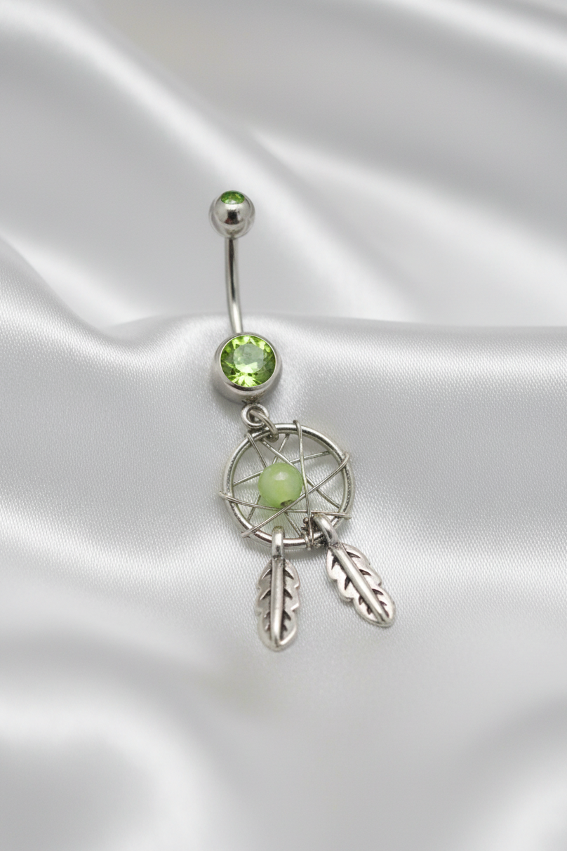 Green Crystal Mystical Dream Catcher Belly Button Ring in 316l stainless steel.