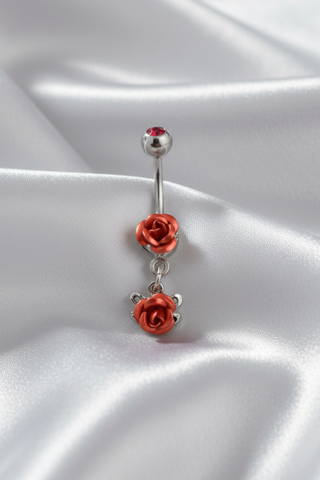 Double Red Rose Belly Button Ring in 316l stainless steel.