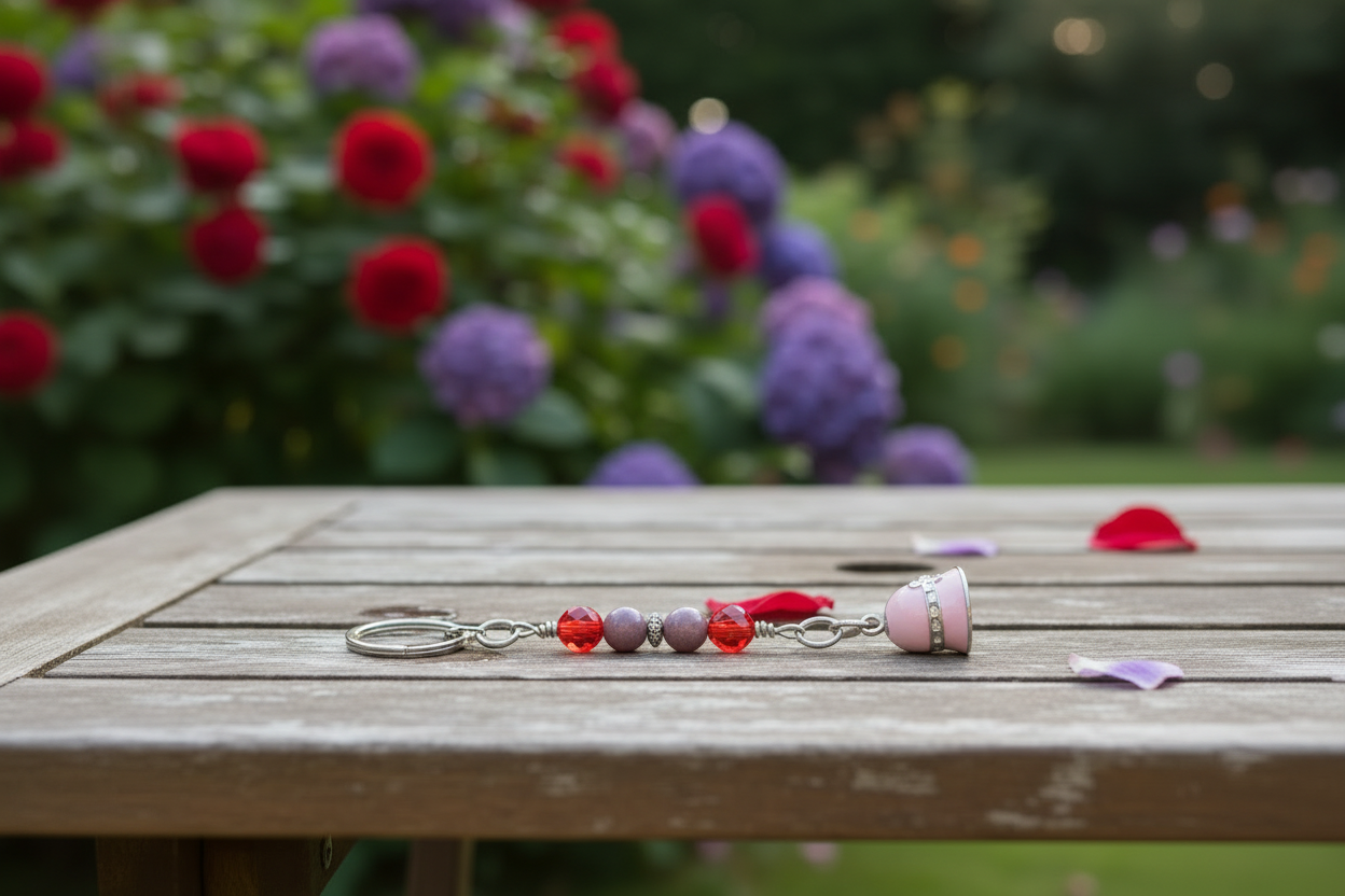 Pink Enamel Hat Handmade Beaded Mini Keychain outside on a wooden table in a flower garden setting with purple and red flowers in the background.