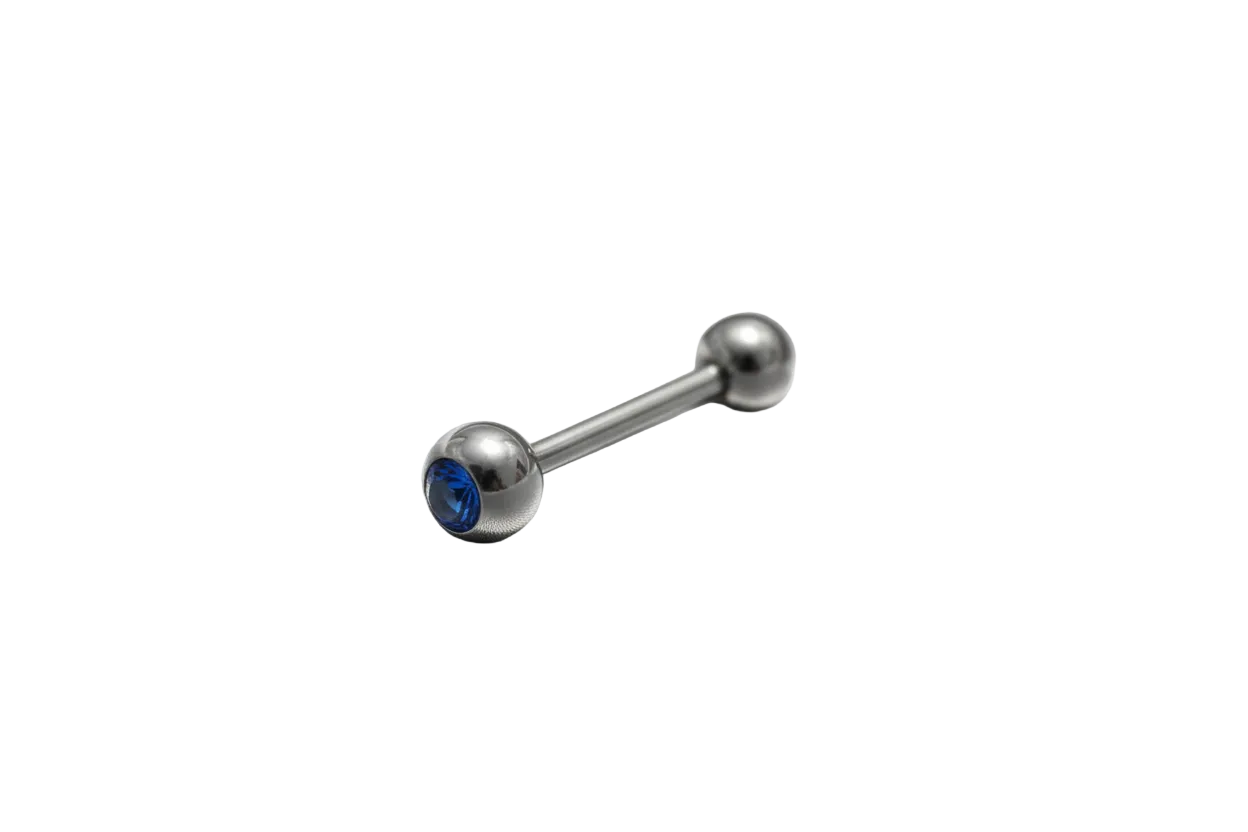 Blue Crystal tongue barbell in 316l stainless steel