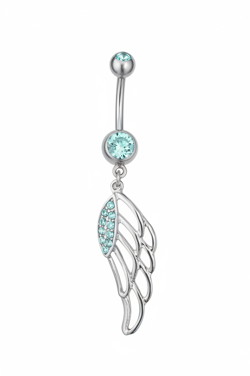 Aqua Crystal Wing Belly Button Ring in 316l stainless steel close up detail.