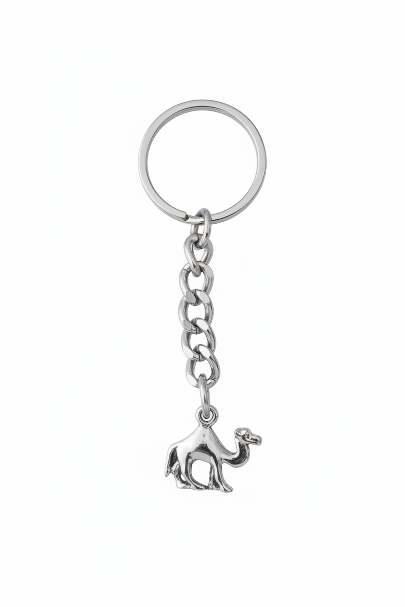 Desert Camel Handmade Pewter Charm Keychain on a white background.