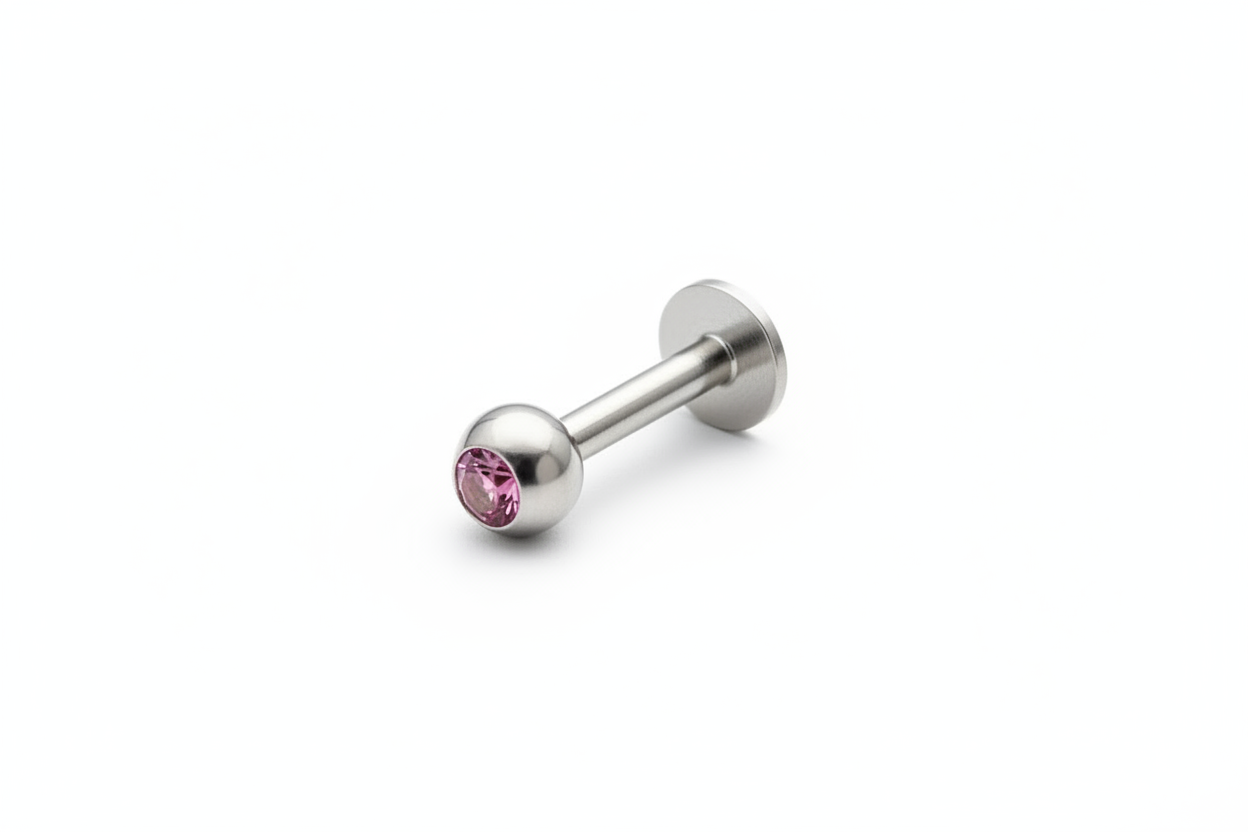 Orchid Purple Crystal Labret Lip Ring in 316l stainless steel close up detail.