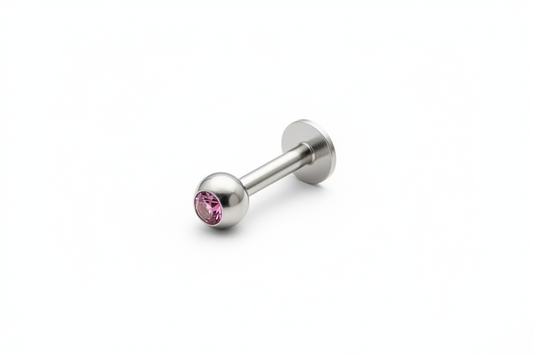 Orchid Purple Crystal Labret Lip Ring in 316l stainless steel close up detail.