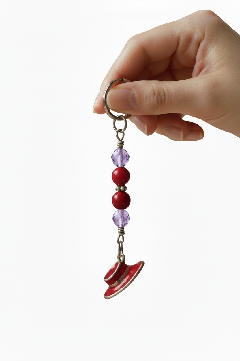 Red Enamel Hat Handmade Beaded Mini Keychain held by a hand showing scale.