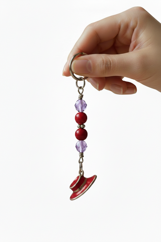 Red Enamel Hat Handmade Beaded Mini Keychain held by a hand showing scale.