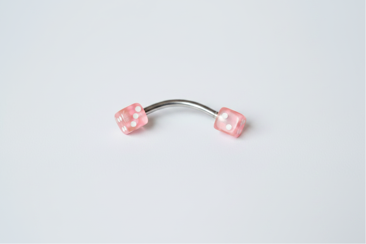 Pink Acrylic Dice Eyebrow Ring in 316l stainless steel horizontal angle.