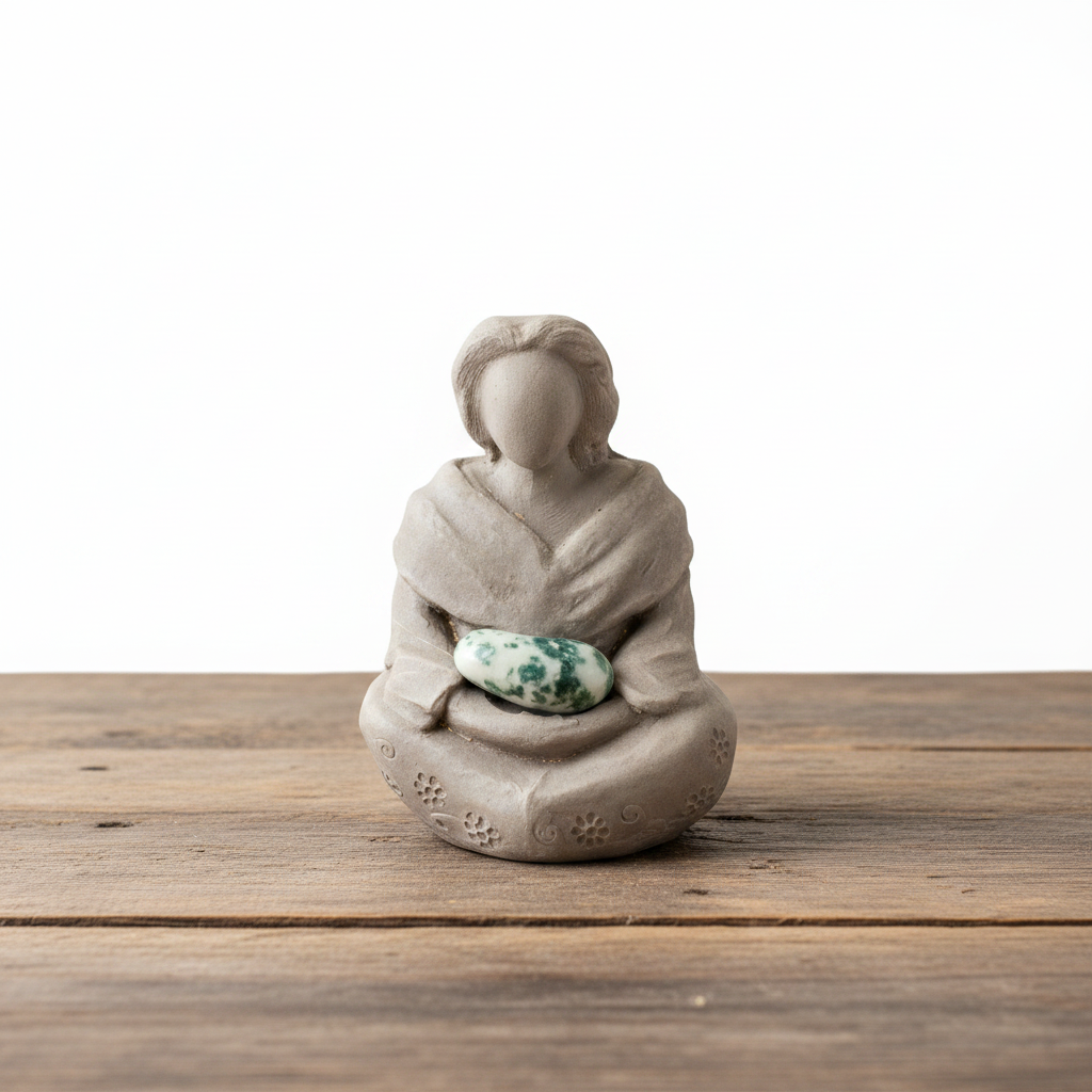 Ancient Goddess Divine Mother Terra Cotta Mini Figurine - Altar & Sacred Space on a wooden table with a white background.