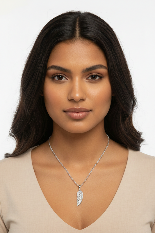 Great Spirit Feather Steel Chain Necklace in 316l stainless steel on a female model.