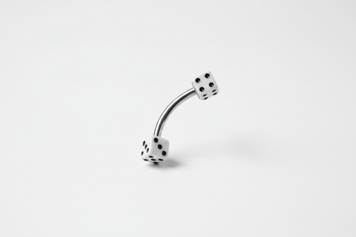 White Acrylic Dice Eyebrow Ring in 316l stainless steel angled right.