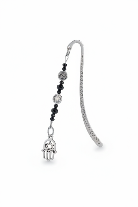 Hand of Fatima & Star of David Handmade Beaded Pewter Bookmark - One of a Kind on a white background showing charm detail.