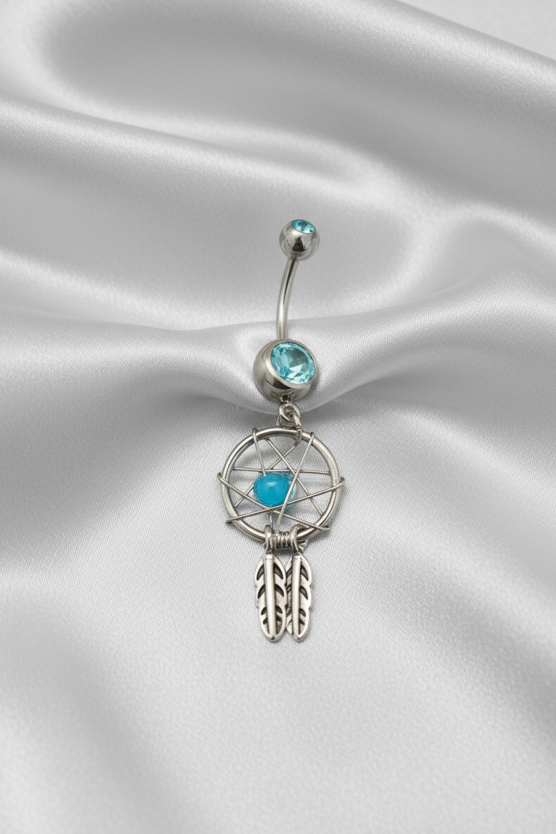 Aqua Crystal Mystical Dream Catcher Belly Button Ring in 316l stainless steel.