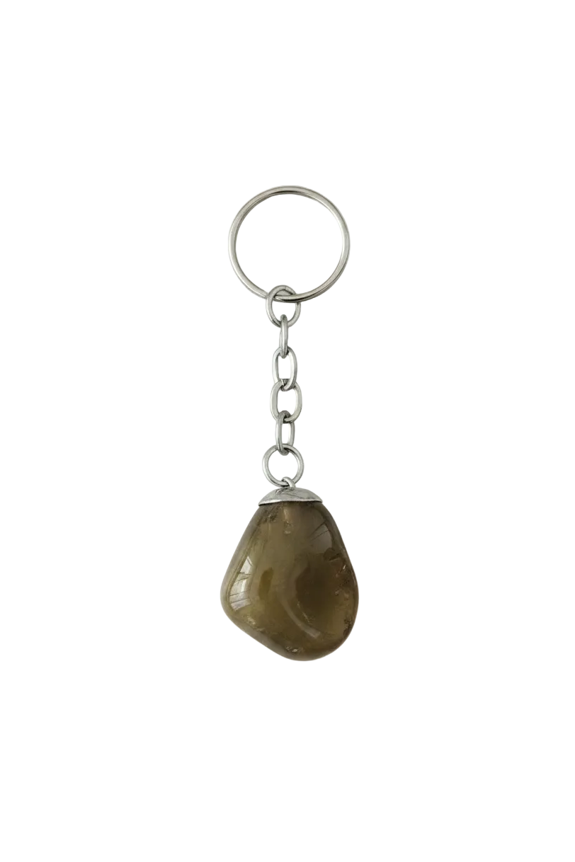 Smoky Quartz Natural Earth Stone Handmade Steel Plated Keychain on a white background.