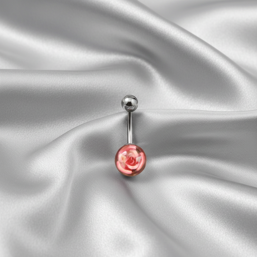 Pink Rose Acrylic belly button ring in 316l stainless steel