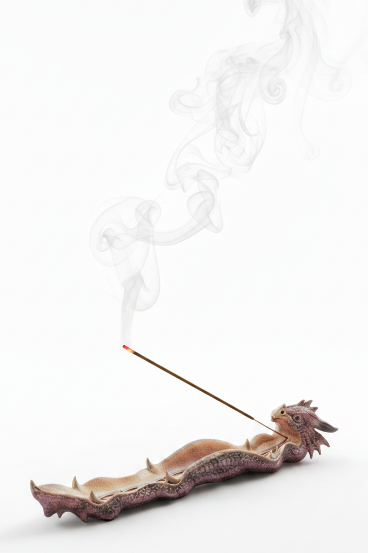 Purple Open Jaws Dragon Resin Incense Holder - Free Incense on a white background with incense burning and smoke rising.