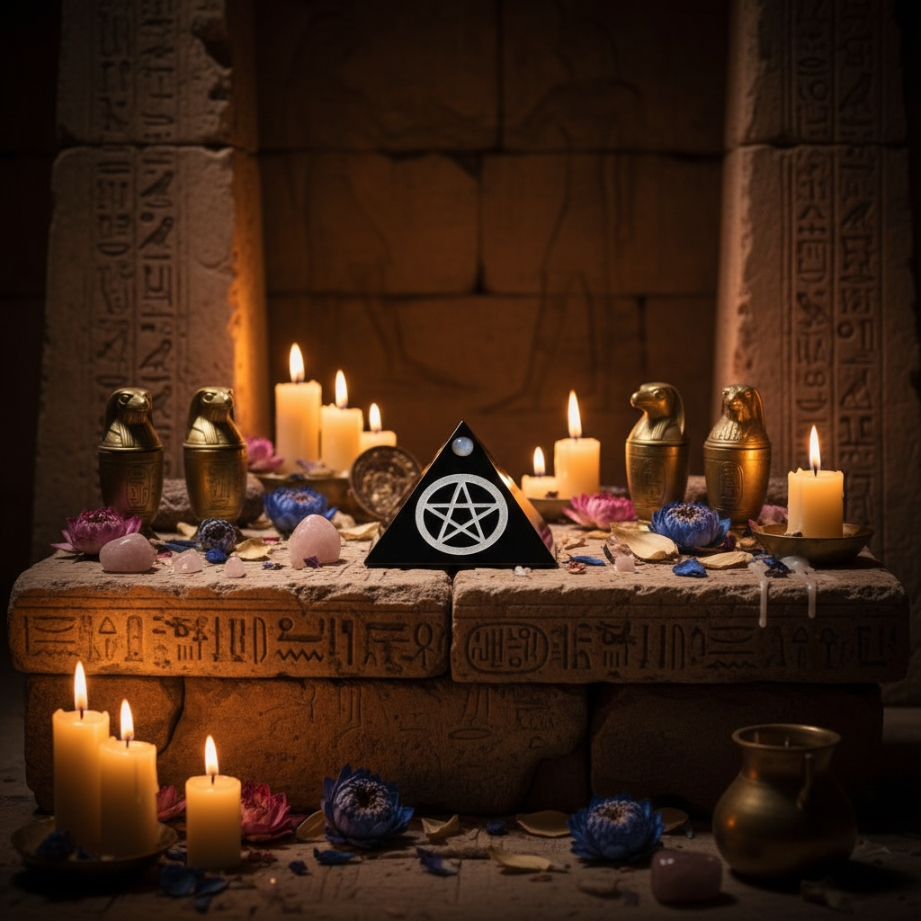 Black Pentacle Mini Glass Pyramid Keepsake Box on an Egyptian altar.
