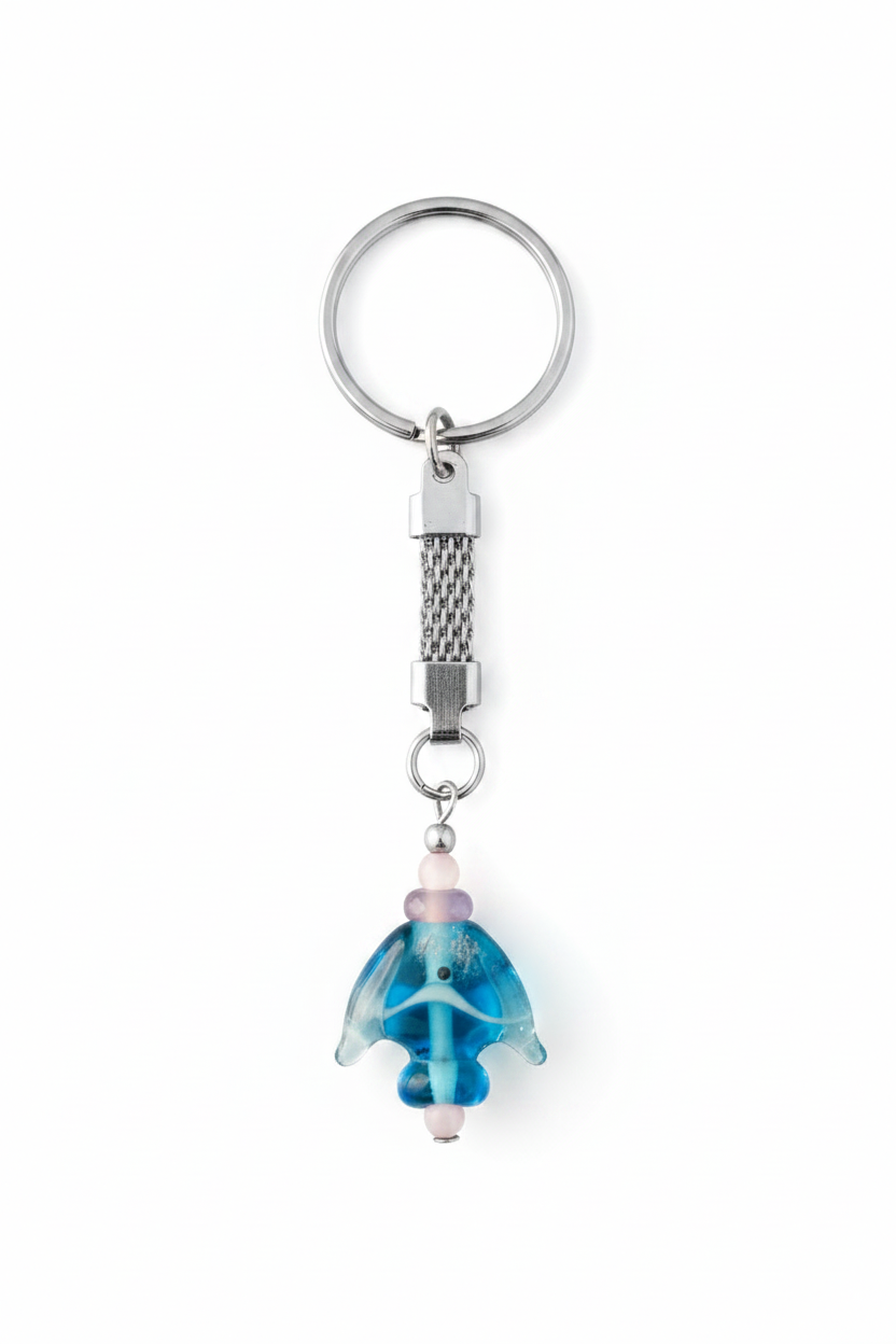 Aqua Glass Fish Handmade Steel Plated Keychain on a white background.