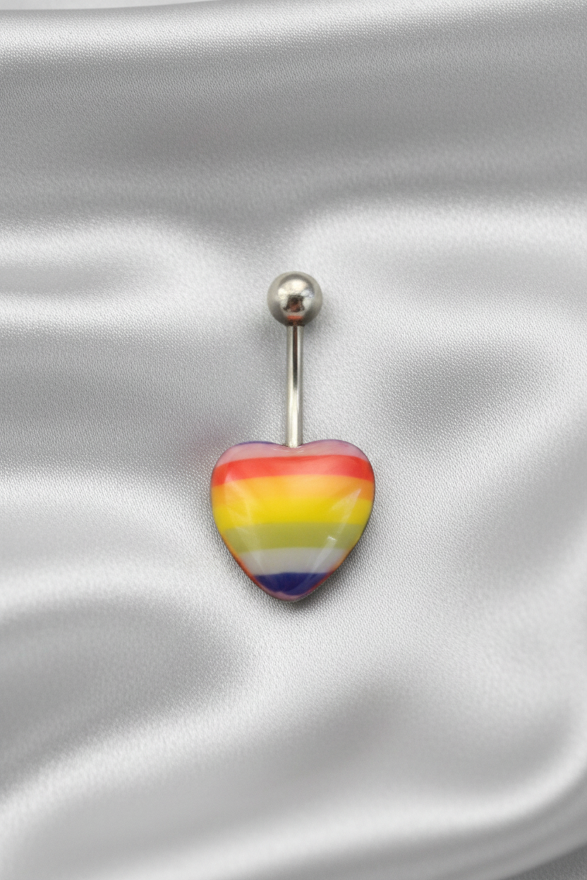 Rainbow Heart acrylic belly button ring in 316l stainless steel