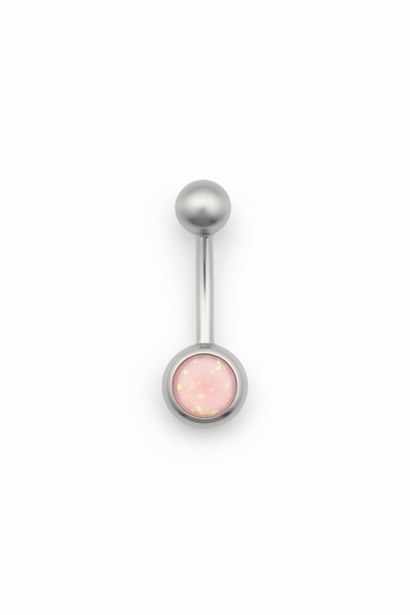 Pink Opal belly button ring in 316l stainless steel