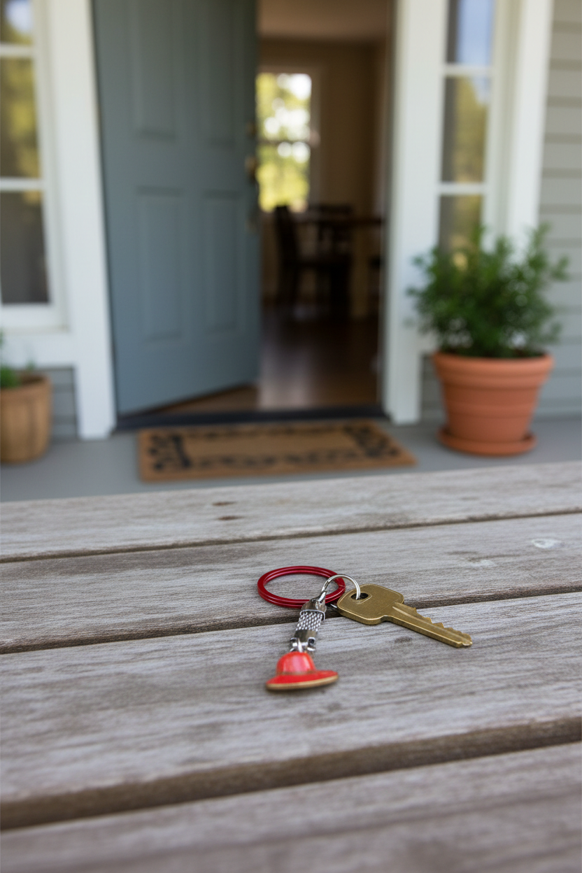 Red Enamel Hat Handmade Gold Plated Charm Keychain on a table outside next to the open front door of a house with the house key on the key ring.
