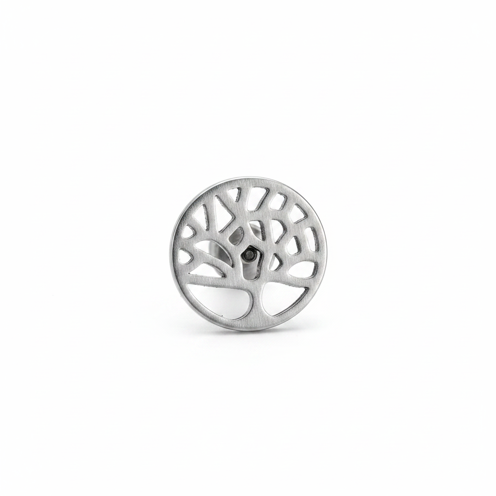 Internally Threaded Tree of Life Labret Lip Ring in 316l stainless steel close up front view.