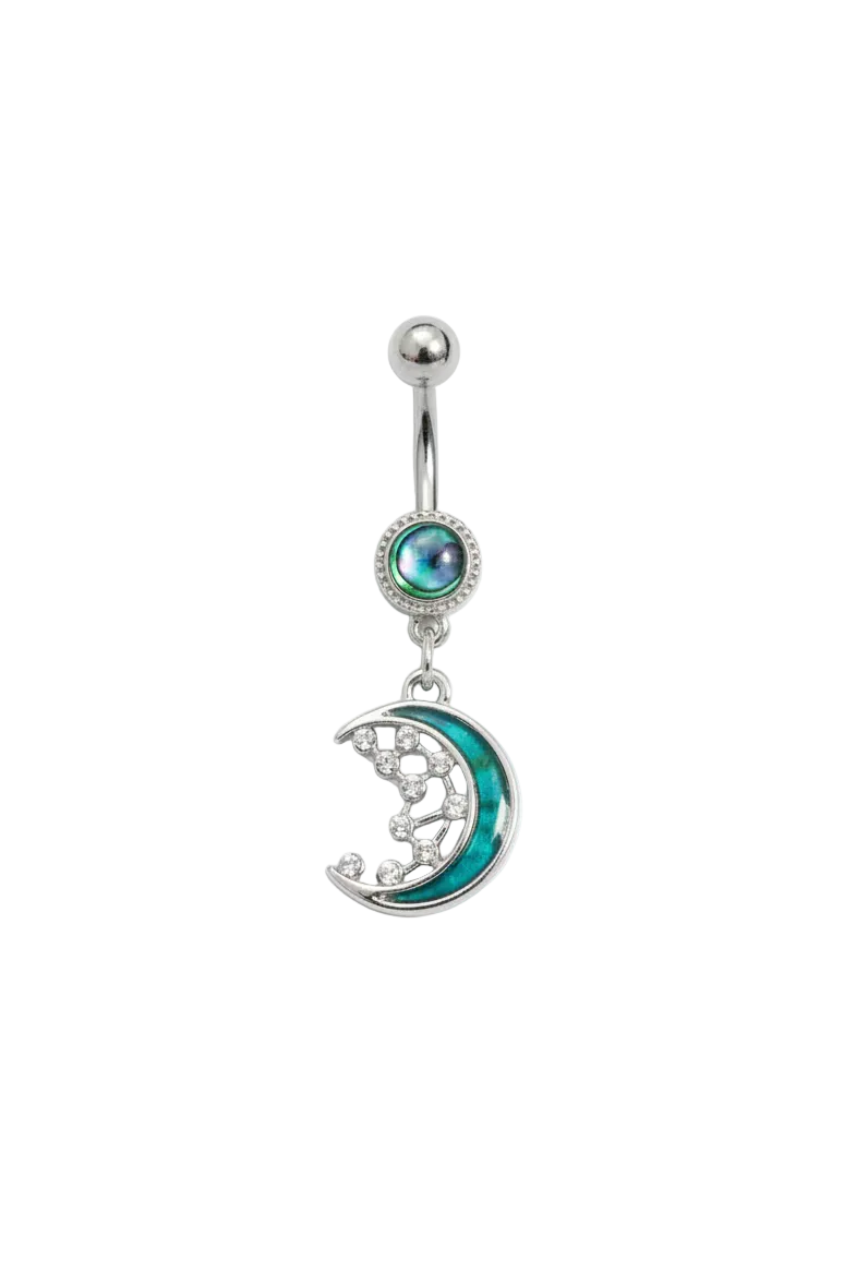 Abalone Moon Belly Button Ring in 316l stainless steel close up detail.