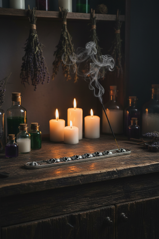 Skull and Bones Resin Incense Holder - Free Incense on the counter in a mystic kitchen with incense burning and smoke rising.