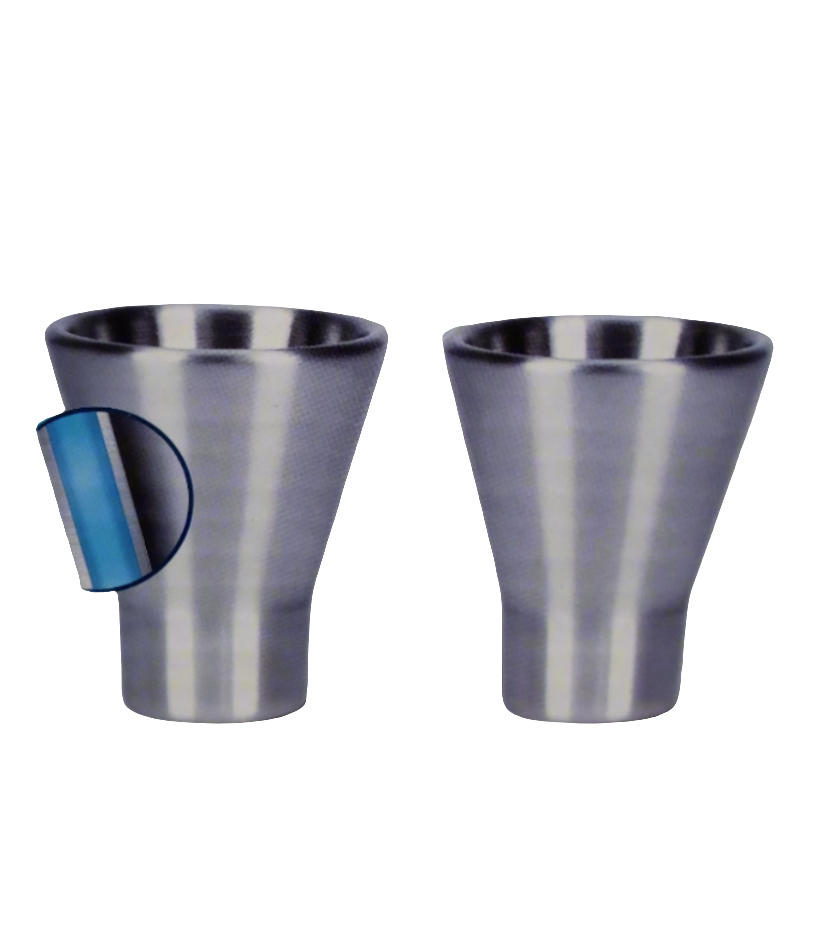 Chill Shots Freezable Stainless Steel Novelty Shot Glass Set on a white background showing close up detail of internal chill gel technology.