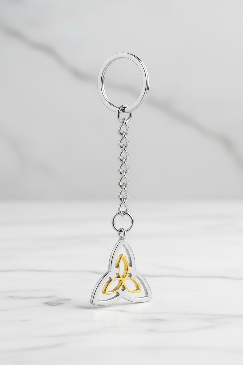 Triquetra Handmade 316L Stainless Steel Charm Keychain on a white marble surface.