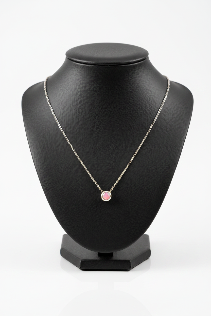 Pink Opal Steel Chain Necklace in 316l stainless steel on a black bust with a white background.