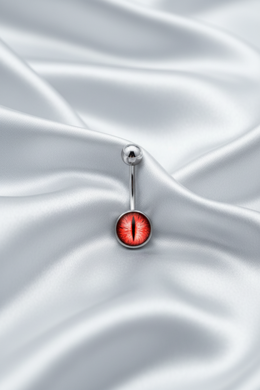 Red Snake Eye belly button ring in 316 stainless steel