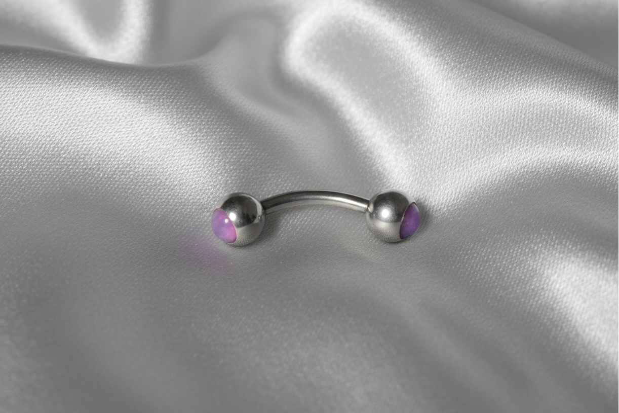 Purple Opal Steel Eyebrow Ring in 316l stainless steel.